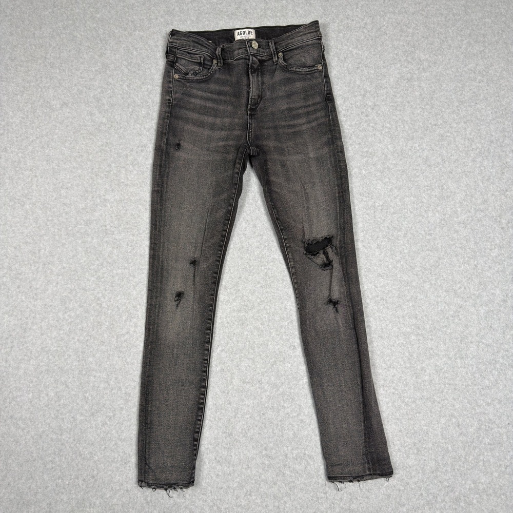 AGOLDE Premium Skinny Jeans Black Wash Distressed Raw Hem Size 26